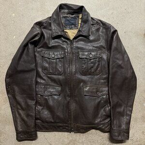 Banana Republic Leather Safari Field Jacket Mens Large Brown Coat Utility Prep